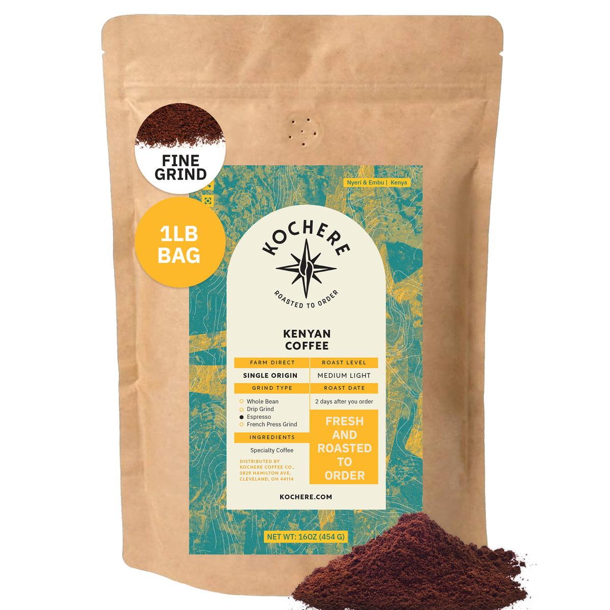 A 1lb bag of Kochere Coffee Company Kenyan Nyeri Embu AB, medium-light roast—fruity, balanced, bright cup—available as whole bean or fine grind, with some ground coffee displayed beside the bag.