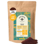 A 1lb bag of Kochere Coffee Kenyan Nyeri Embu AB Medium-Light Roast by Kochere Coffee Company, featuring lemon and blackberry notes. Fine ground coffee is visible near the bag, with a label highlighting origin and roast details.