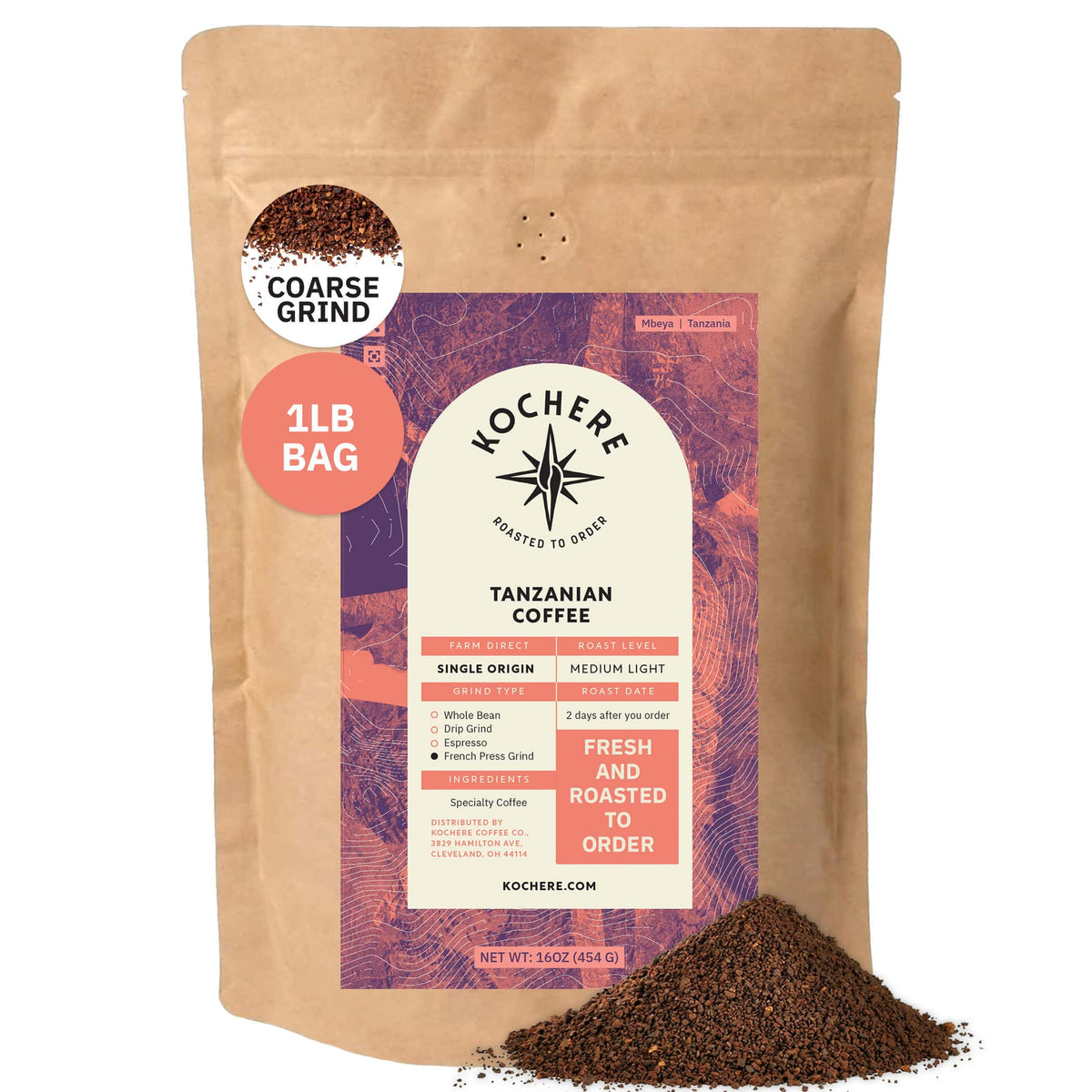 A 1-lb bag of Kochere Coffee Tanzanian Mbeya AB Medium-Light Roast by Kochere Coffee Company, featuring coarse ground coffee with pear, floral, and jasmine notes. Fresh, single origin, made to order.[1lb][coarse grind]