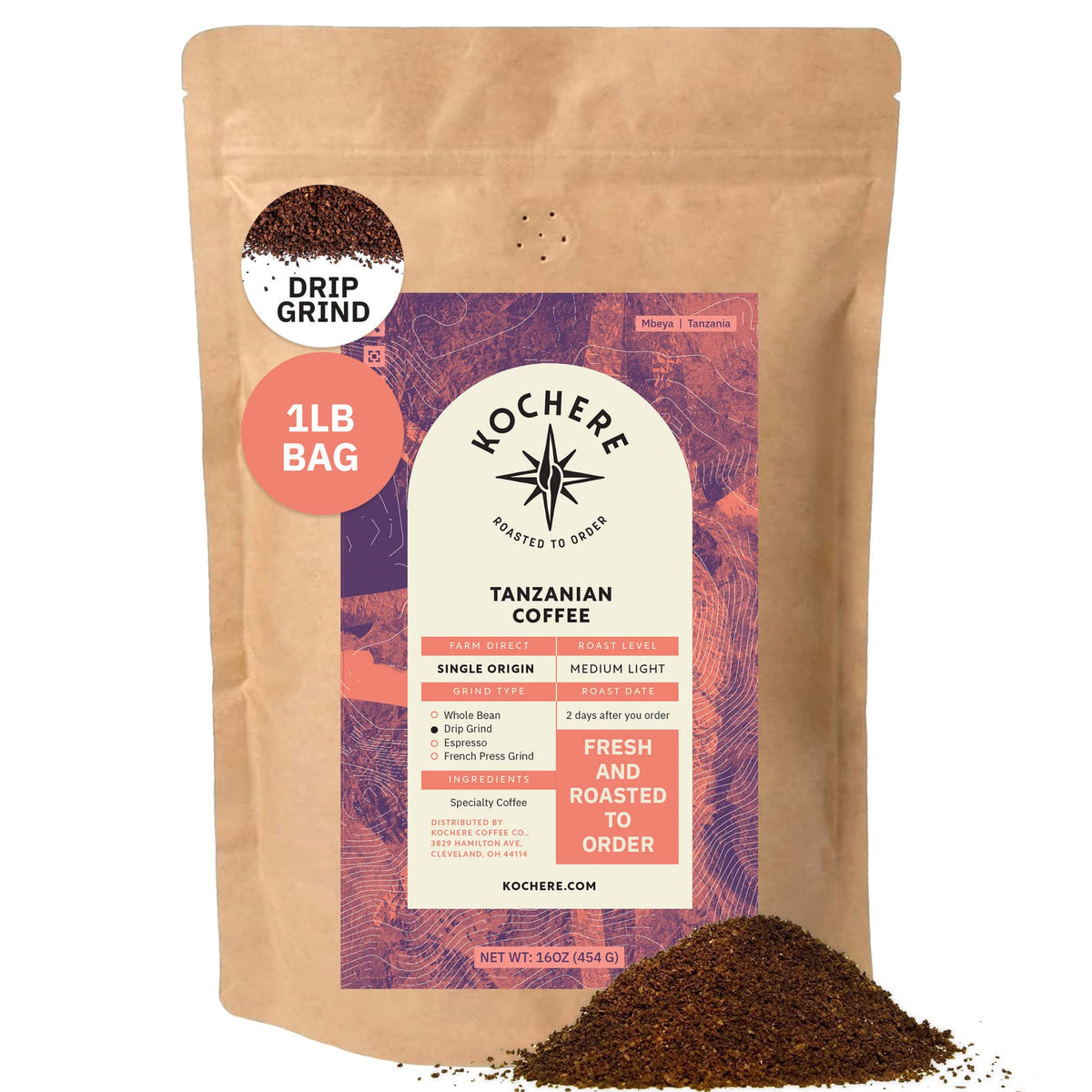 Kochere Coffee Company’s Tanzanian Mbeya AB, 1 lb bag, medium-light roast, drip grind—labeled "Fresh and roasted to order"—features vibrant pear, floral, and jasmine notes; some coffee grounds spilled at the base.[1lb][drip grind]