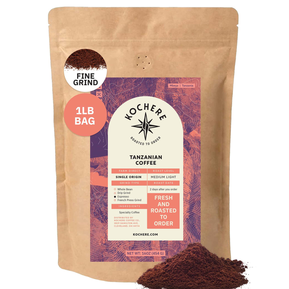 A 1lb bag of Kochere Coffee Company’s Tanzanian Mbeya AB Medium-Light Roast, featuring pear, floral, and jasmine notes, is freshly roasted to order with aromatic grounds shown in front.[1lb][fine grind]