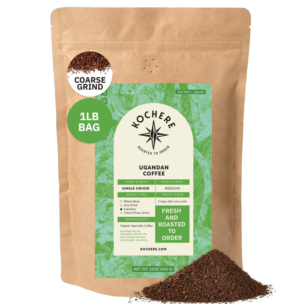 A 1lb bag of Kochere Coffee Company's Ugandan Sipi Falls Single Origin, Organic Medium Roast with raisin, fig, and brown sugar notes. Some ground coffee is spilled in front of the bag.[1lb][coarse grind]