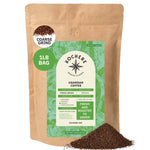 A 1lb bag of Kochere Coffee Company's Ugandan Sipi Falls Single Origin, Organic Medium Roast with raisin, fig, and brown sugar notes. Some ground coffee is spilled in front of the bag.[1lb][coarse grind]