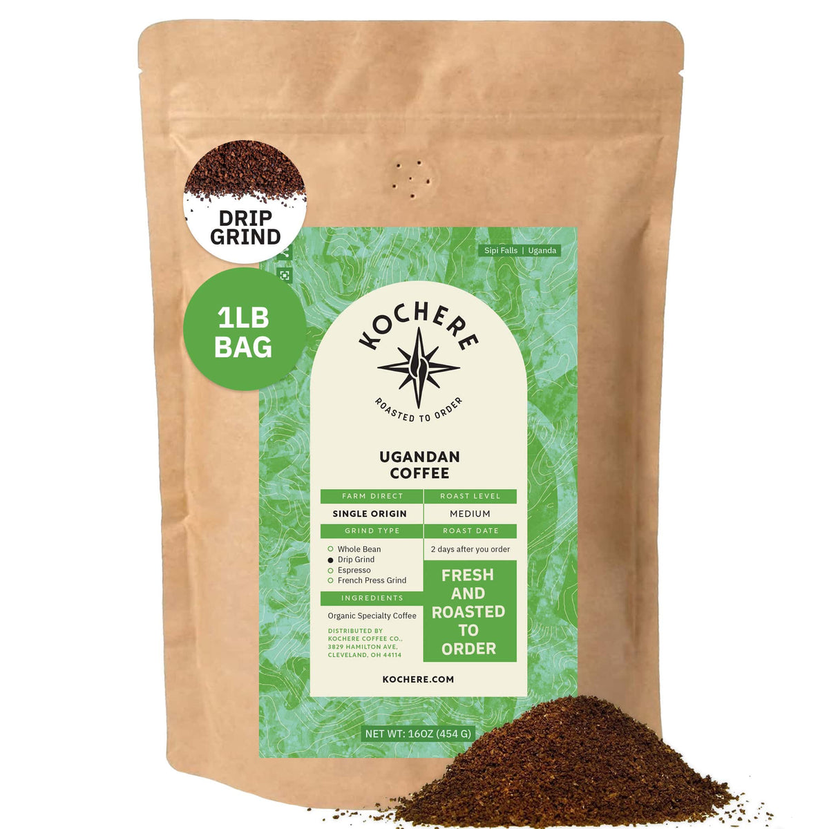 A 1lb bag of Kochere Coffee Company's Ugandan Sipi Falls Single Origin, Organic Medium Roast—featuring raisin, fig, and brown sugar notes—drip ground, with coffee spilled in front. Highlights: single origin, freshness, and sustainability.[1lb][drip grind]