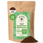 A 1lb bag of Kochere Coffee Company's Ugandan Sipi Falls Single Origin, Organic Medium Roast—featuring raisin, fig, and brown sugar notes—drip ground, with coffee spilled in front. Highlights: single origin, freshness, and sustainability.[1lb][drip grind]