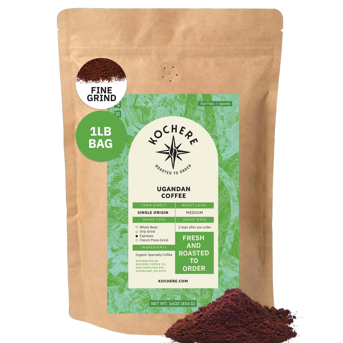 A 1lb bag of Kochere Coffee Company's Ugandan Sipi Falls Single Origin, organic medium roast coffee—raisin, fig, and brown sugar notes—freshly roasted to order and labeled “sustainably grown.” Fine grind shown in front.[1lb][fine grind]