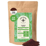 A 1lb bag of Kochere Coffee Company's Ugandan Sipi Falls Single Origin, organic medium roast coffee—raisin, fig, and brown sugar notes—freshly roasted to order and labeled “sustainably grown.” Fine grind shown in front.[1lb][fine grind]