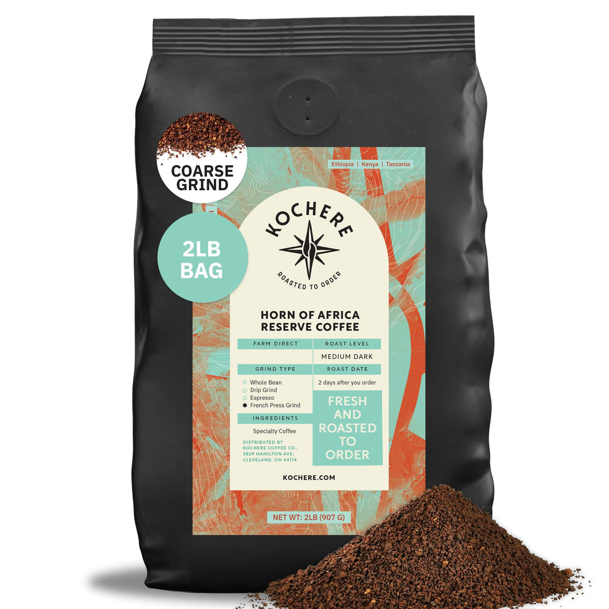 A 2-pound bag of Kochere Coffee Company’s Horn of Africa Reserve Signature Espresso Blend, medium-dark roast, sits next to a small pile of ground coffee.[2lb][coarse grind]
