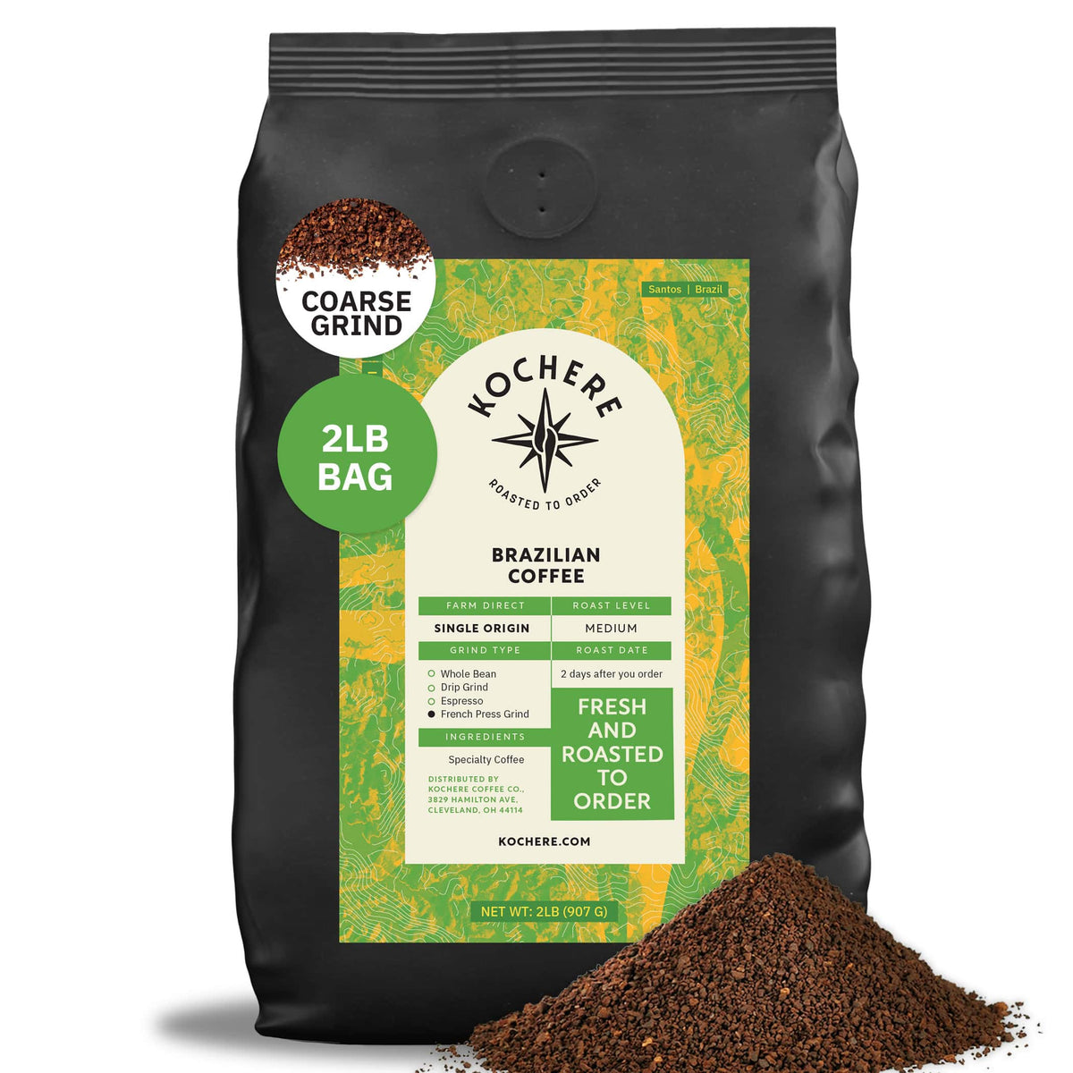 A 2-pound bag of Kochere Coffee Brazilian Santos Medium Roast by Kochere Coffee Company, with a pile of coarse ground coffee in front. The label highlights its freshness, single origin, smooth cocoa notes, and elegant flavor.[2lb][coarse grind]