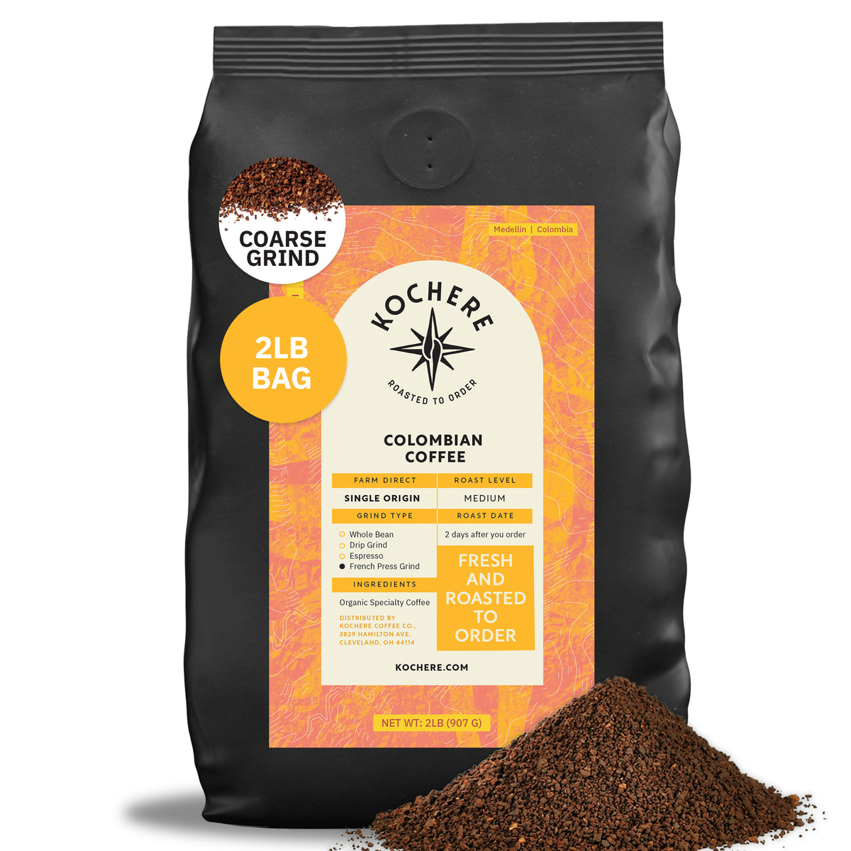 A 2-pound bag of Kochere Coffee Colombian Medellin Single Origin Medium Roast, with dried orange and berry notes and an orange label from Kochere Coffee Company. Some coffee is spilled in front. [2lb][coarse grind]