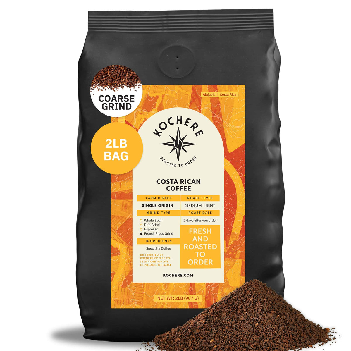 A 2-pound bag of Kochere Coffee Costa Rican Alajuela Medium Roast by Kochere Coffee Company, featuring sweet apple and raisin notes, sits upright with some coffee grounds spilled in front.[2LB][coarse grind]