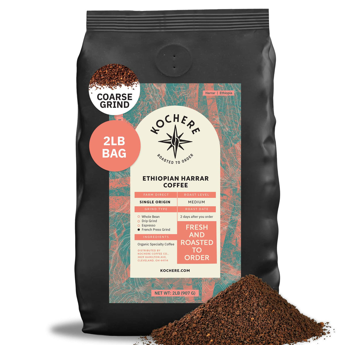 A 2lb bag of Kochere Coffee Ethiopian Harrar Natural Medium Roast sits with ground coffee spilled in front. The label notes fruity, berry, and dark chocolate flavors. Single origin, roasted to order by Kochere Coffee Company. Coarse grind shown. [2LB][coarse grind]