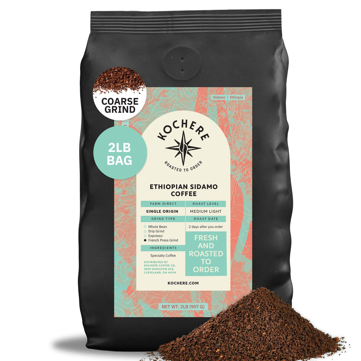 A 2lb bag of Kochere Coffee Ethiopian Sidamo Natural Medium-Light Roast by Kochere Coffee Company, single origin with milk chocolate and fruity notes, shown coarse ground with coffee spilling in front.[2LB][coarse grind]