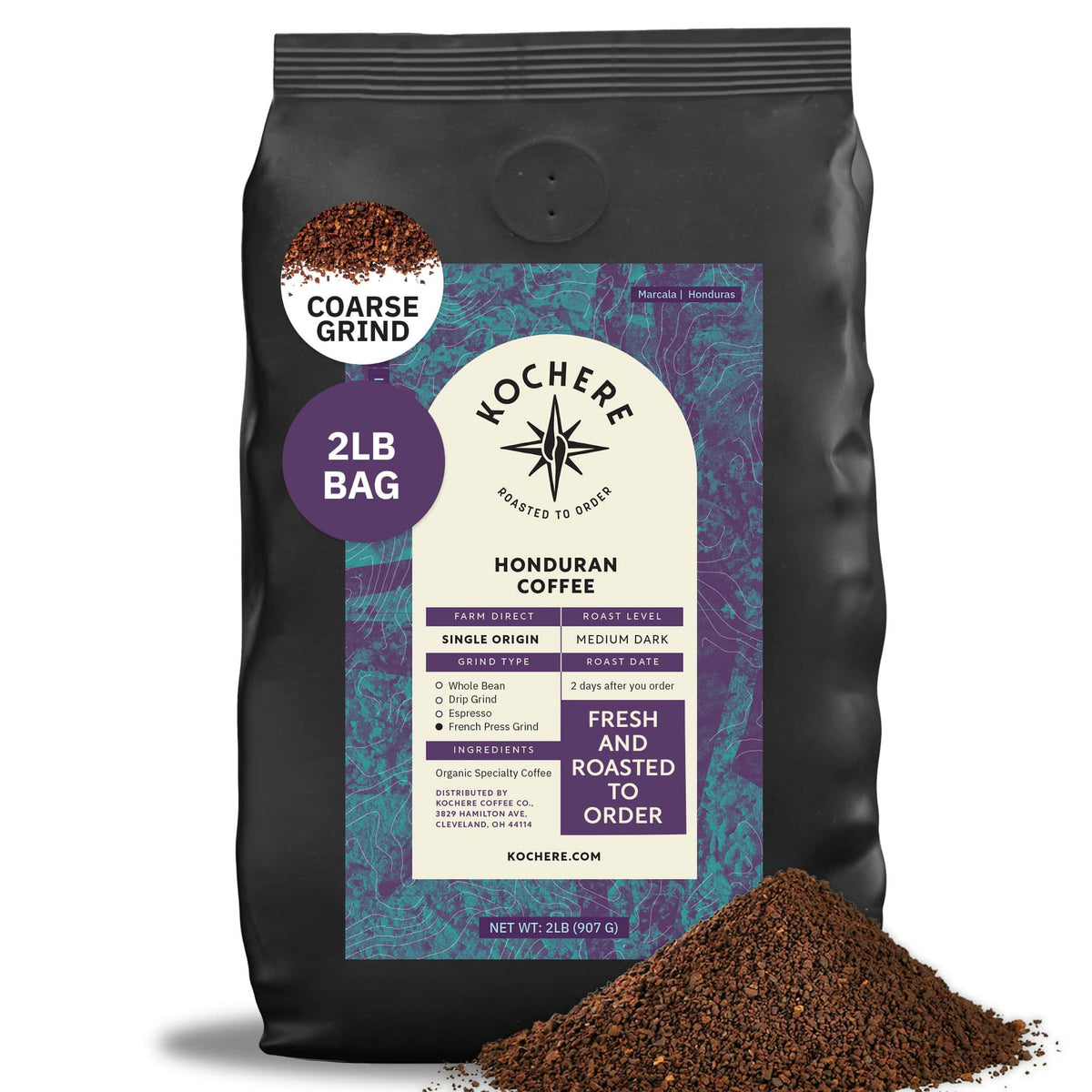 A 2lb bag of Kochere Coffee Company's Honduran Marcala Organic Medium Roast—caramel, spice, and brown sugar notes—with coarse ground coffee spilling out in front.[2LB][coarse grind]