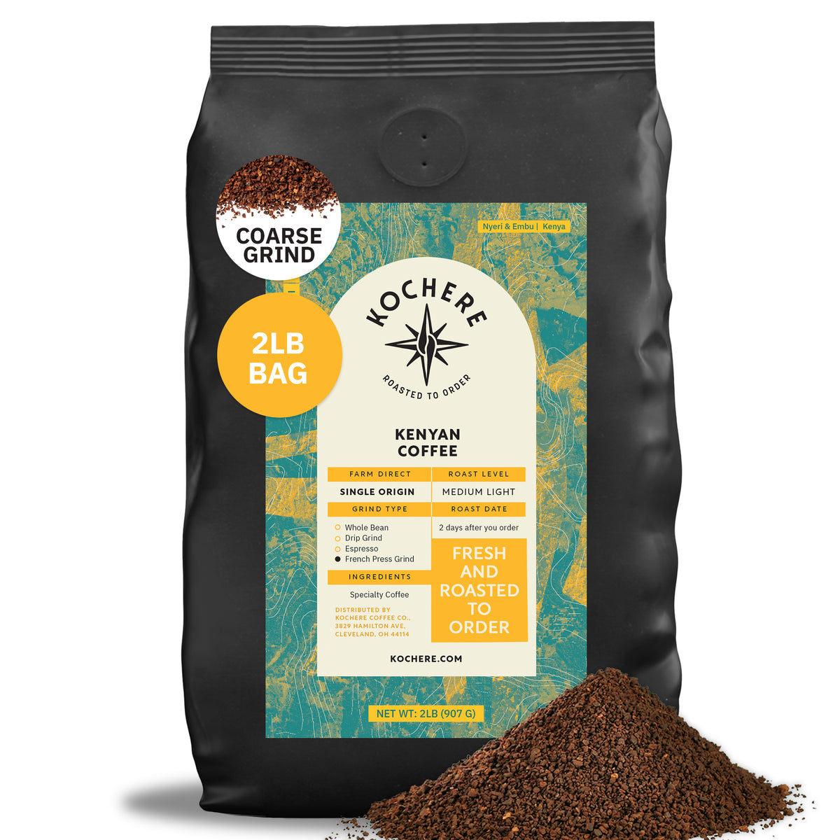 A 2-pound bag of Kochere Coffee Company's Kenyan Nyeri Embu AB Medium-Light Roast sits upright, labeled coarse grind, with coffee grounds spilled in front. The packaging features product details and a green-yellow design.