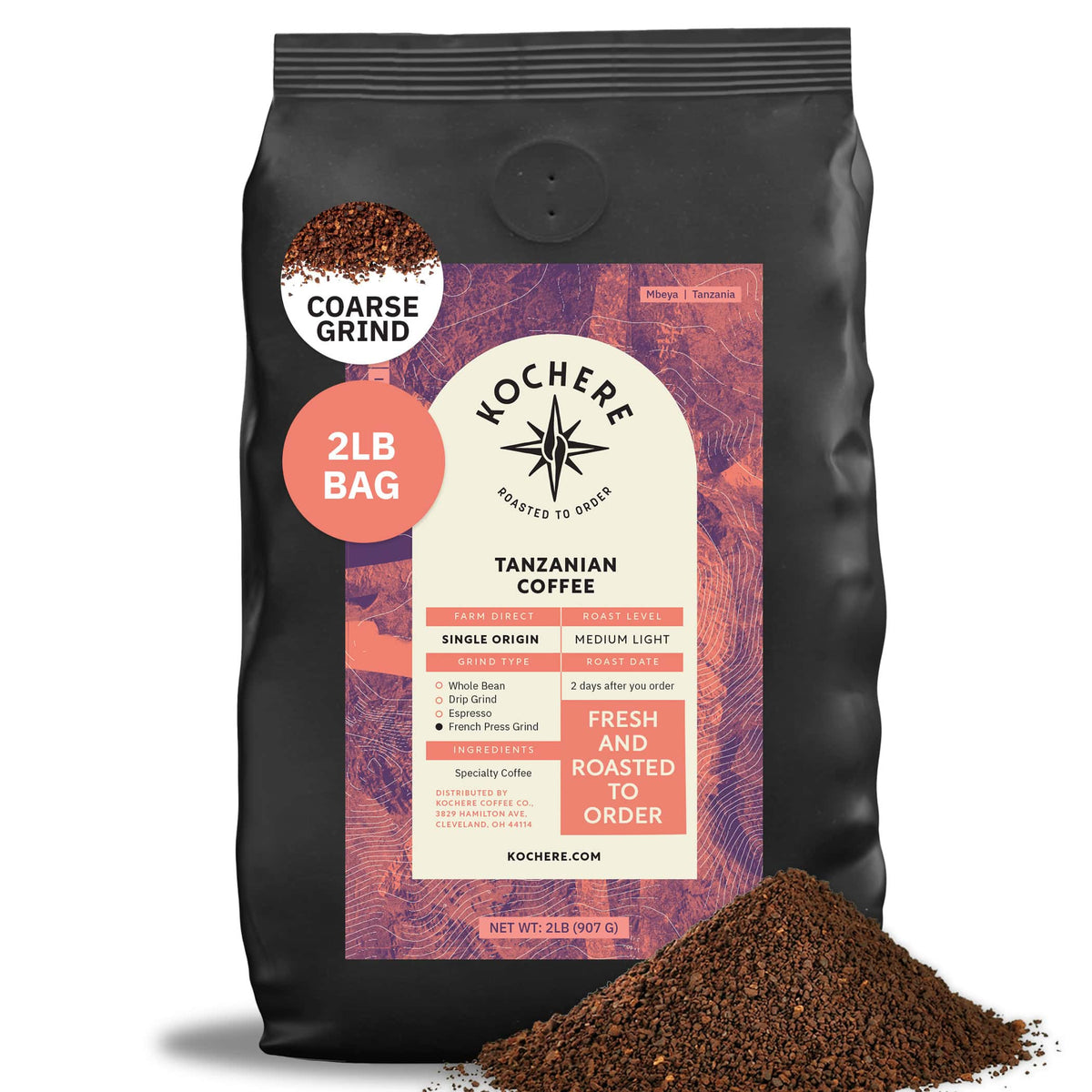 A 2-lb bag of Kochere Coffee Tanzanian Mbeya AB Medium-Light Roast by Kochere Coffee Company, featuring coarse ground coffee with pear, floral, and jasmine notes. Fresh, single origin, made to order.[2lb][coarse grind]