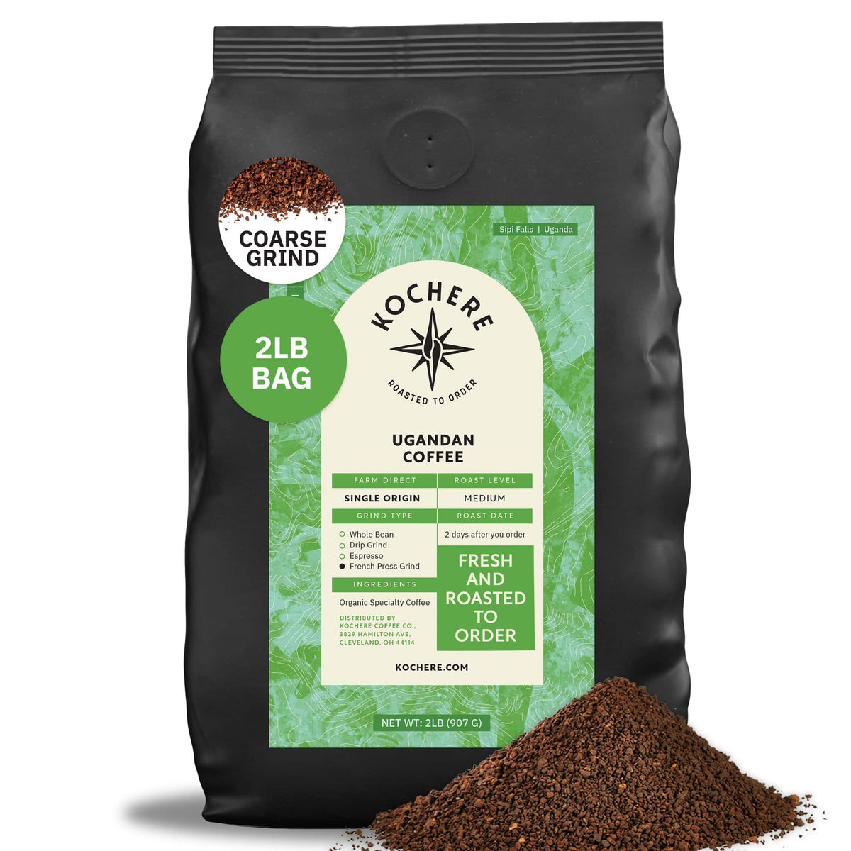 A 2lb bag of Kochere Coffee Company's Ugandan Sipi Falls Single Origin, Organic Medium Roast with raisin, fig, and brown sugar notes. Some ground coffee is spilled in front of the bag.[2lb][coarse grind]