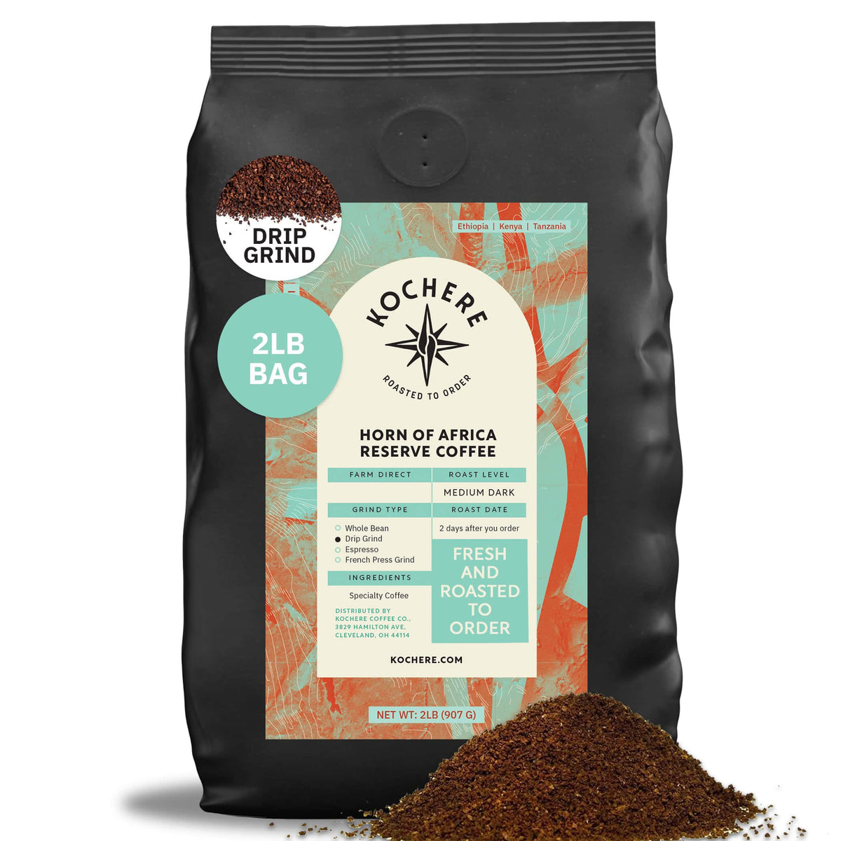 A 2-pound bag of Kochere Coffee Horn of Africa Reserve Signature Espresso Blend by Kochere Coffee Company, medium-dark roast, sits with specialty espresso grounds spilled in front.[2lb][drip grind]