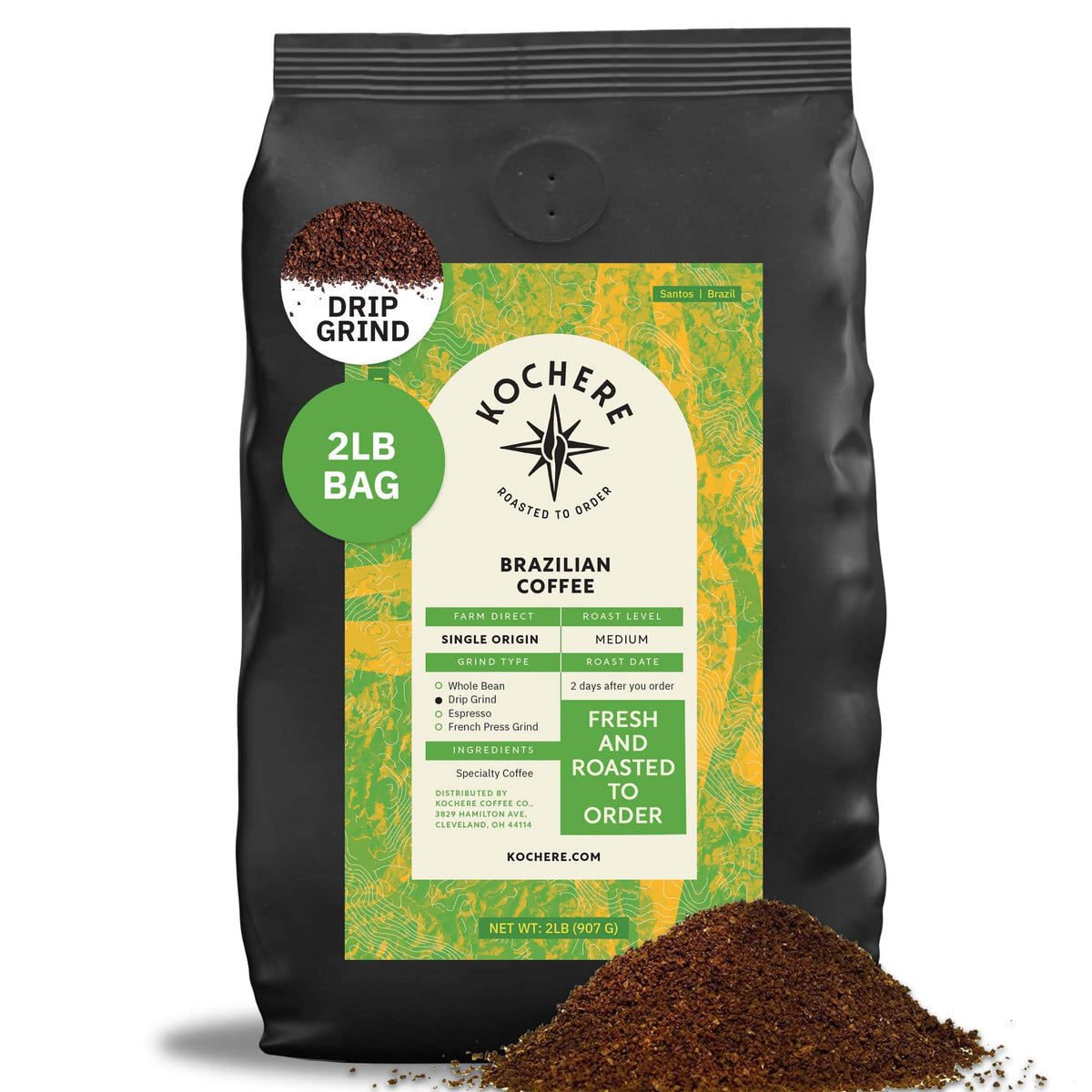A 2-pound bag of Kochere Coffee Brazilian Santos Medium Roast from Kochere Coffee Company, featuring smooth, elegant cocoa notes and labeled as single-origin specialty coffee, with some ground coffee spilled in front.[2lb][drip grind]
