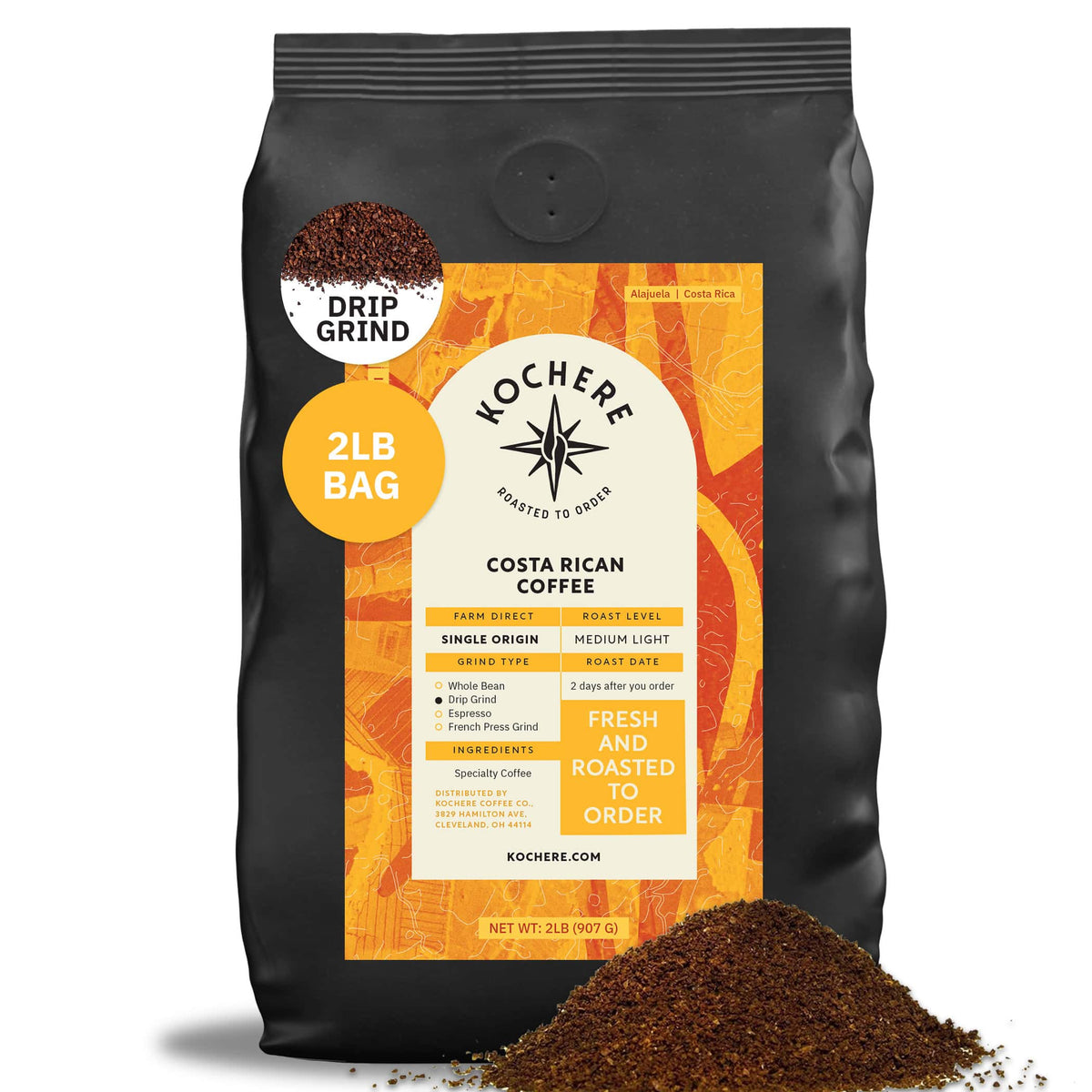 A 2lb bag of Kochere Coffee Costa Rican Alajuela Medium Roast by Kochere Coffee Company, single origin with sweet apple and raisin notes, drip grind, with some ground coffee spilled in front.[2LB][drip grind]