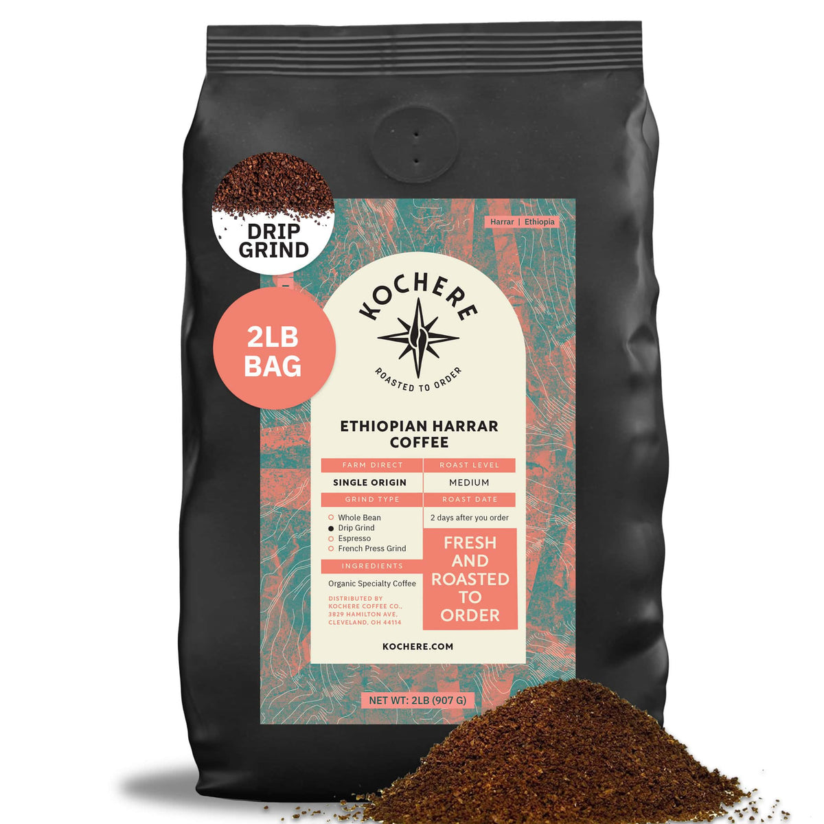 A 2lb bag of Kochere Coffee Ethiopian Harrar Natural Medium Roast by Kochere Coffee Company, drip grind, with grounds spilled in front. The label features organic single origin coffee, fruity, berry, and dark chocolate notes.[2LB][drip grind]