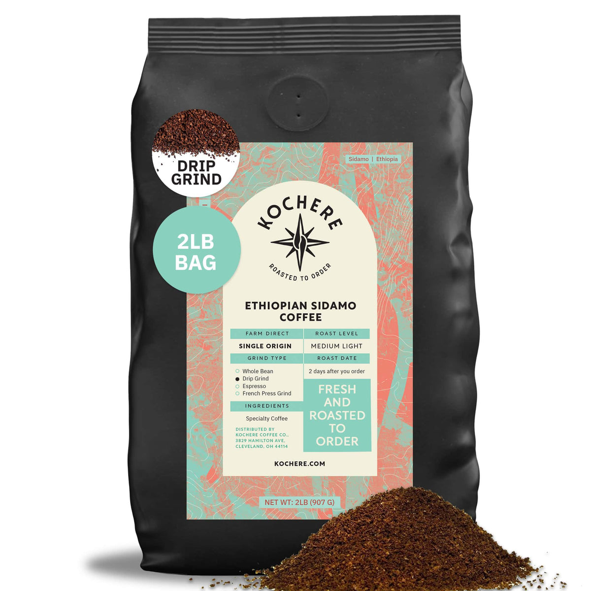 A 2-pound bag of Kochere Coffee Company's Ethiopian Sidamo Natural Medium-Light Roast features milk chocolate and fruity notes, with some ground coffee spilled in front of the bag.[2LB][drip grind]