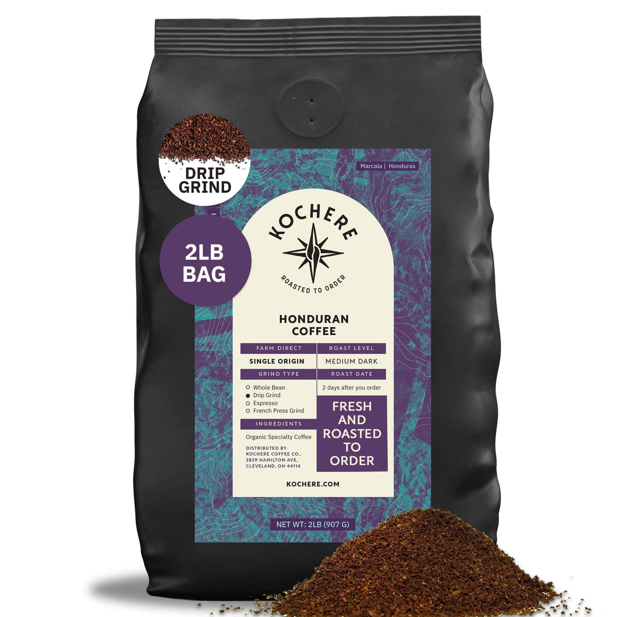 A 2-pound bag of Kochere Coffee Company's Honduran Marcala Organic Medium Roast, featuring caramel, spice, and brown sugar notes, with coffee grounds scattered in front.[2LB][drip grind]