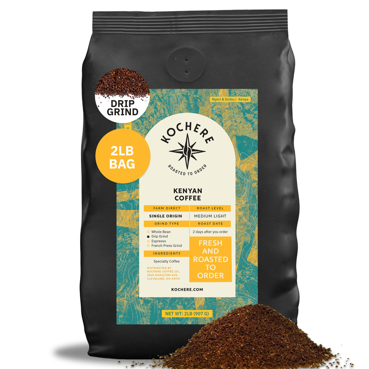 A 2lb bag of Kochere Coffee Company’s Kenyan Nyeri Embu AB Medium-Light Roast sits with a pile of ground coffee, featuring a fruity, balanced, bright cup and drip grind, single origin from Nyeri Embu.