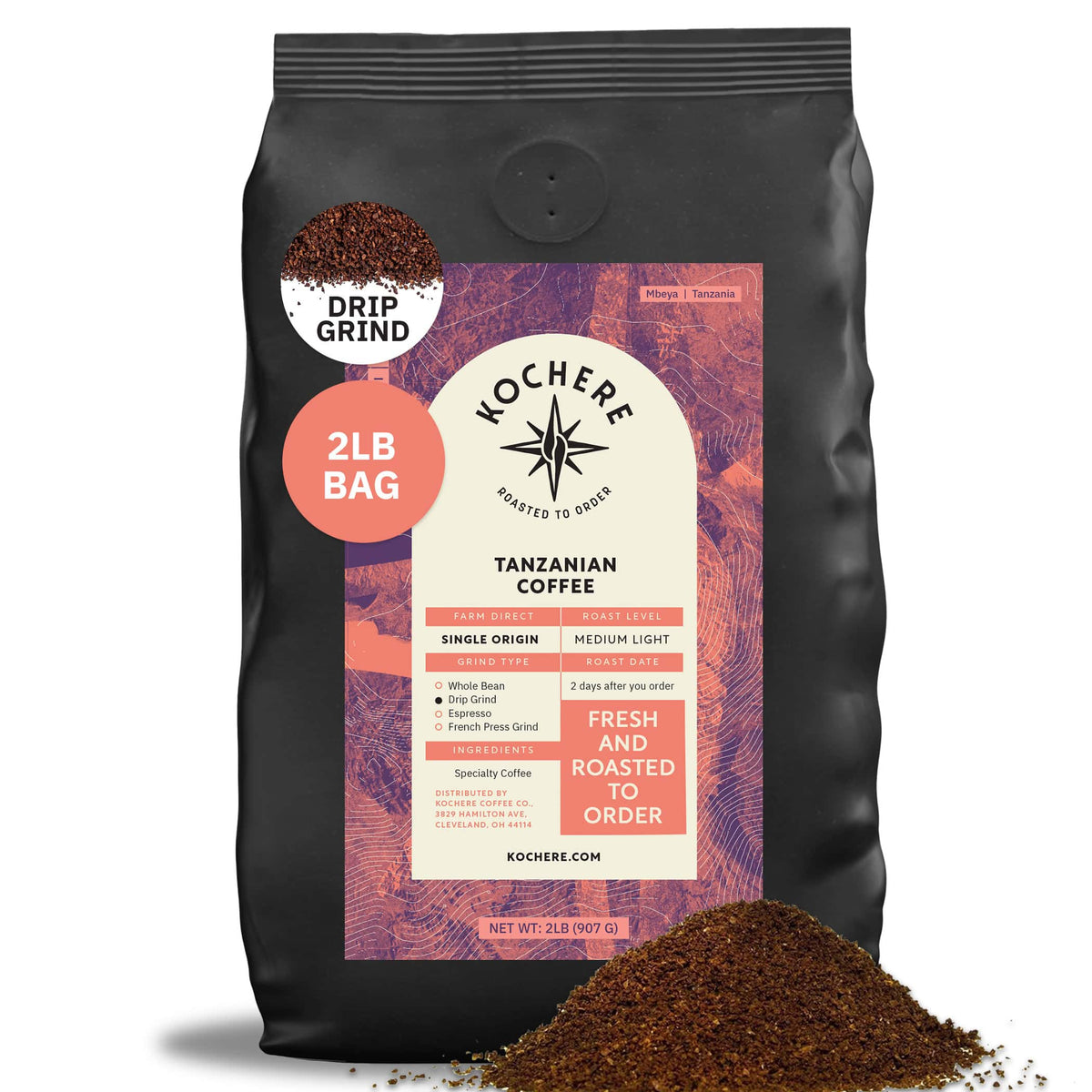 Kochere Coffee Company’s Tanzanian Mbeya AB, 2 lb bag, medium-light roast, drip grind—labeled "Fresh and roasted to order"—features vibrant pear, floral, and jasmine notes; some coffee grounds spilled at the base.[2lb][drip grind]