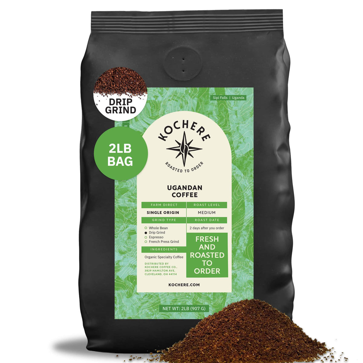 A 2lb bag of Kochere Coffee Company's Ugandan Sipi Falls Single Origin, Organic Medium Roast—featuring raisin, fig, and brown sugar notes—drip ground, with coffee spilled in front. Highlights: single origin, freshness, and sustainability.[2lb][drip grind]