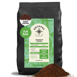 A 2lb bag of Kochere Coffee Company's Ugandan Sipi Falls Single Origin, Organic Medium Roast—featuring raisin, fig, and brown sugar notes—drip ground, with coffee spilled in front. Highlights: single origin, freshness, and sustainability.[2lb][drip grind]