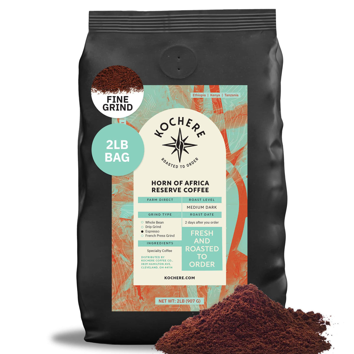 A 2lb bag of Kochere Coffee Horn of Africa Reserve Signature Espresso Blend, a medium-dark roast by Kochere Coffee Company, in fine grind, comes in black and teal packaging with a coffee scoop icon and loose ground coffee shown on the front.[2lb][fine grind]