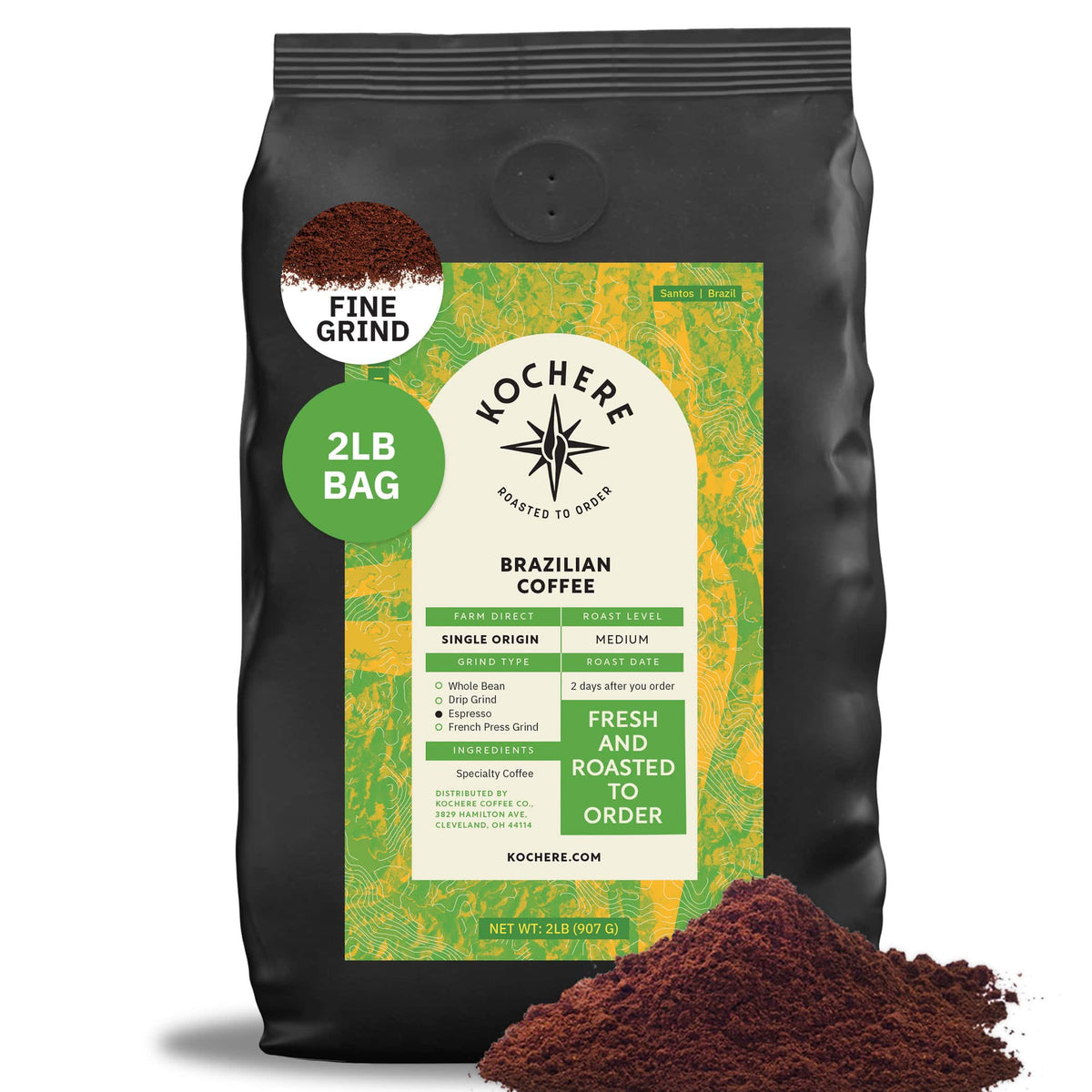 A 2lb bag of Kochere Coffee Brazilian Santos Medium Roast by Kochere Coffee Company, featuring smooth, elegant cocoa notes and roasted to order. Enjoy fresh, bold flavor in every cup; whole coffee beans with ground coffee shown in front.[2lb][fine grind]