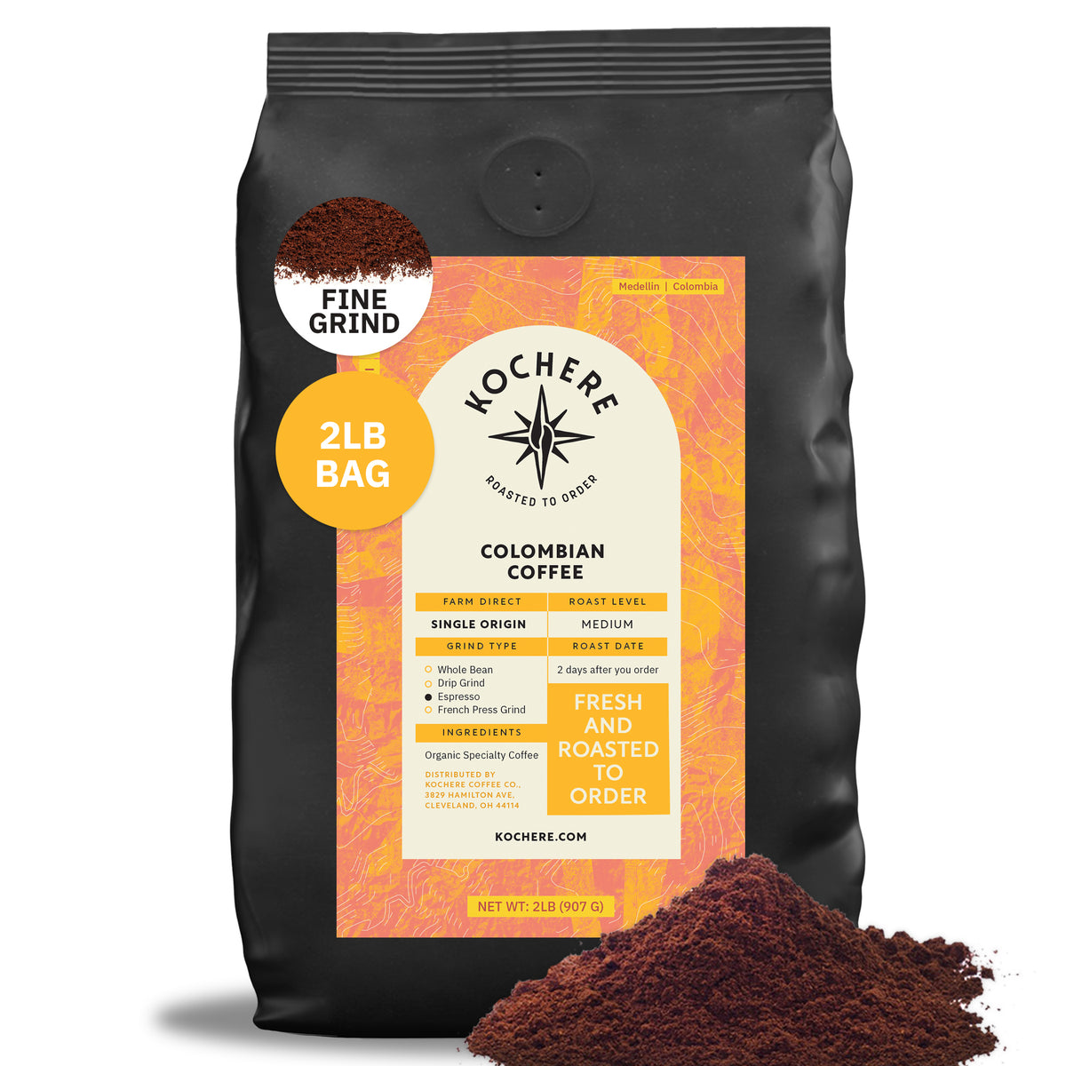 A 2lb bag of Kochere Coffee Colombian Medellin Single Origin Medium Roast by Kochere Coffee Company, with dried orange and berry notes, displayed with loose ground coffee in front. [2lb][fine grind]