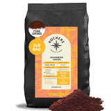 A 2lb bag of Kochere Coffee Colombian Medellin Single Origin Medium Roast by Kochere Coffee Company, with dried orange and berry notes, displayed with loose ground coffee in front. [2lb][fine grind]