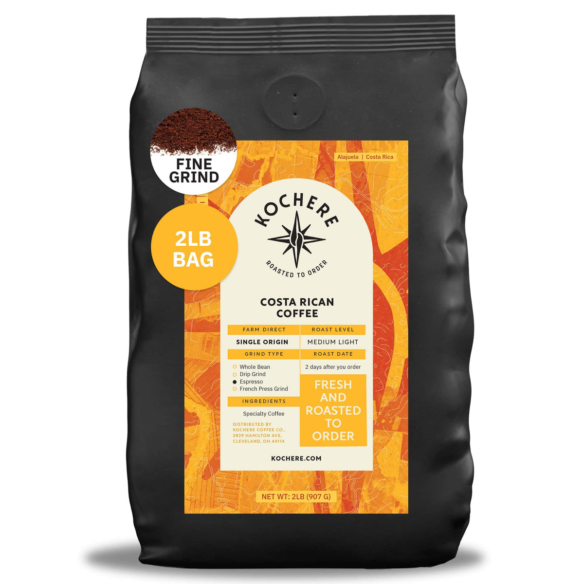 A 2-pound bag of Kochere Coffee Costa Rican Alajuela Medium Roast from Kochere Coffee Company, with sweet apple and raisin notes, specialty grade fine grind, and some ground coffee spilled in front.[2LB][fine grind]