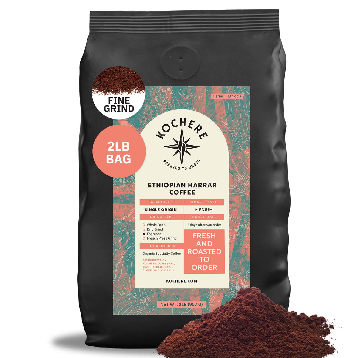 A 2lb bag of Kochere Coffee Ethiopian Harrar Natural Medium Roast by Kochere Coffee Company stands upright with grounds spilled in front. The label highlights its single origin and fruity, berry, and dark chocolate flavor notes.[2LB][fine grind]