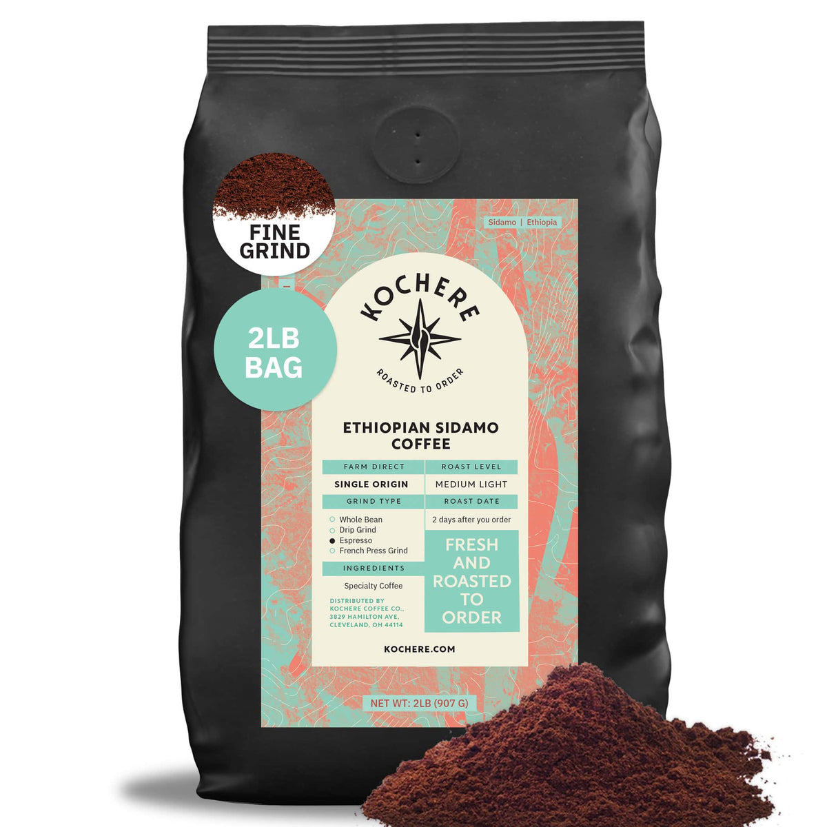 A 2lb bag of Kochere Coffee Ethiopian Sidamo Natural Medium-Light Roast, by Kochere Coffee Company, with milk chocolate and fruity notes, sits beside a pile of ground coffee. The label highlights its fresh roast and single origin.[2LB][fine grind]