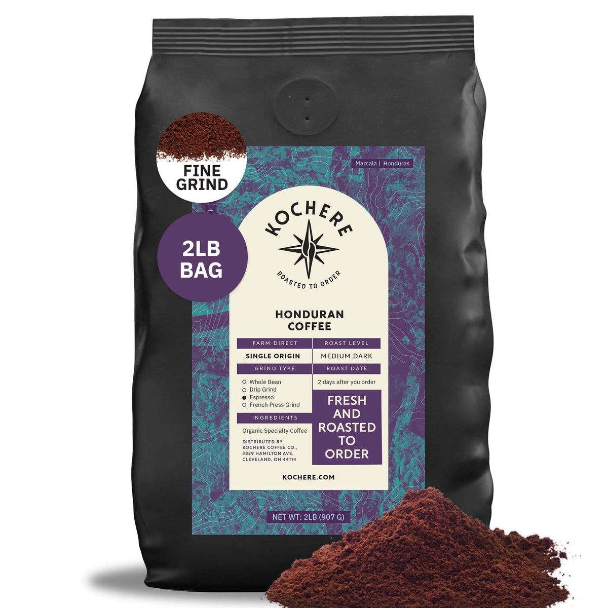 A 2-pound bag of Kochere Coffee Company Honduran Marcala Organic Medium Roast, with caramel, spice, and brown sugar notes, labeled fresh and roasted to order, is shown with ground coffee in front.[2LB][fine grind]