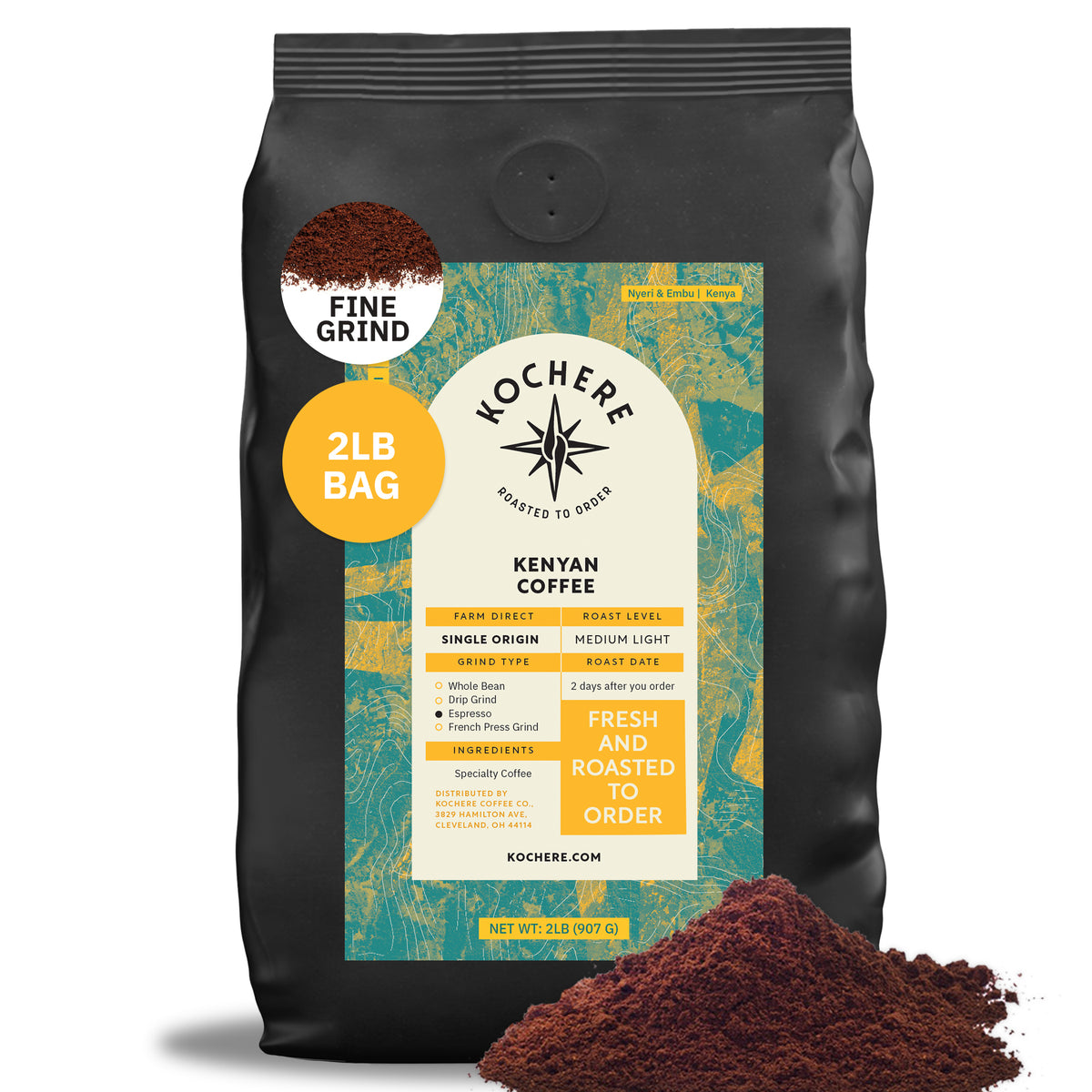 A 2lb bag of Kochere Coffee Kenyan Nyeri Embu AB, medium-light roast (Fruity, Balanced, Bright Cup) by Kochere Coffee Company, labeled "Fresh and Roasted to Order," with fine ground coffee shown in front of the bag.