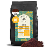 A 2lb bag of Kochere Coffee Kenyan Nyeri Embu AB, medium-light roast (Fruity, Balanced, Bright Cup) by Kochere Coffee Company, labeled "Fresh and Roasted to Order," with fine ground coffee shown in front of the bag.