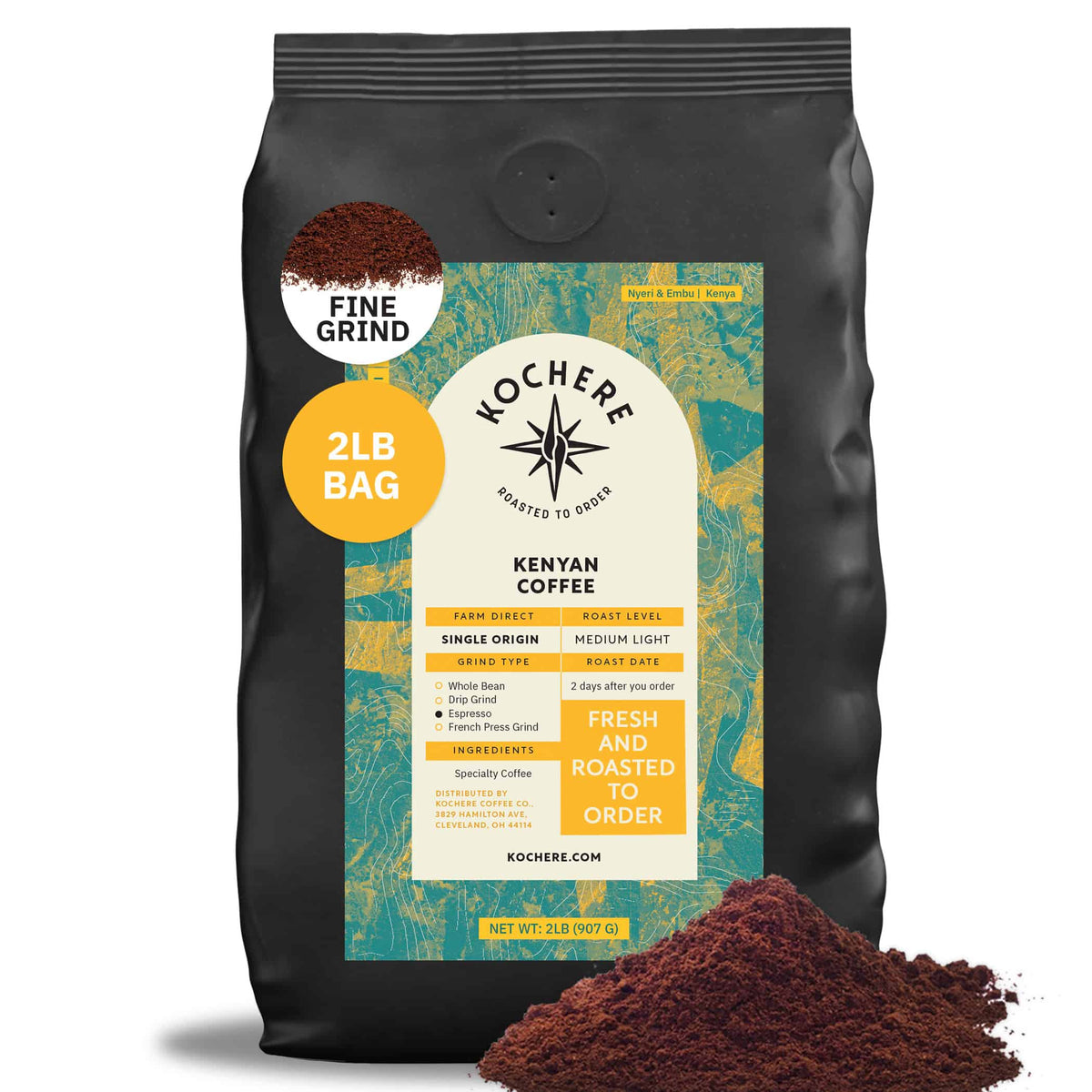 A 2lb bag of Kochere Coffee Company Kenyan Nyeri Embu AB, medium-light roast—fruity, balanced, bright cup—available as whole bean or fine grind, with some ground coffee displayed beside the bag.[2LB][fine grind]
