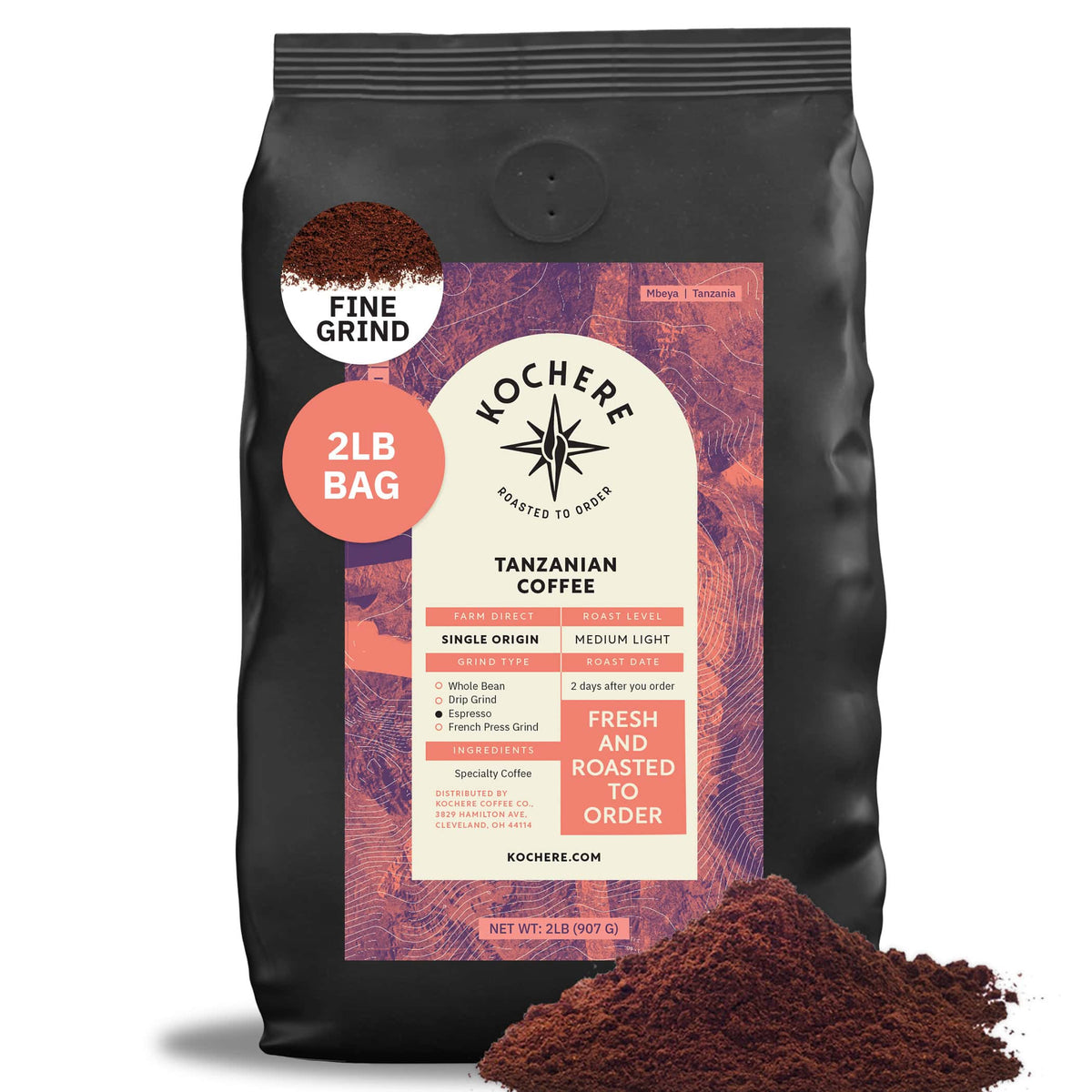 A 2lb bag of Kochere Coffee Company’s Tanzanian Mbeya AB Medium-Light Roast, featuring pear, floral, and jasmine notes, is freshly roasted to order with aromatic grounds shown in front.[2lb][fine grind]