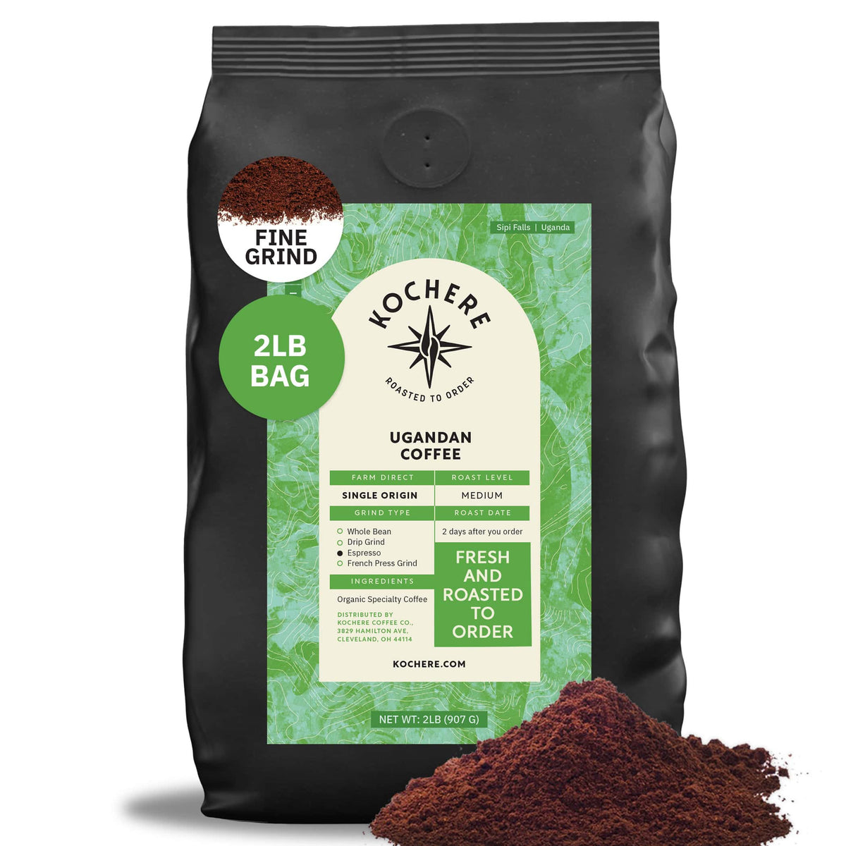 A 2lb bag of Kochere Coffee Company's Ugandan Sipi Falls Single Origin, organic medium roast coffee—raisin, fig, and brown sugar notes—freshly roasted to order and labeled “sustainably grown.” Fine grind shown in front.[2lb][fine grind]