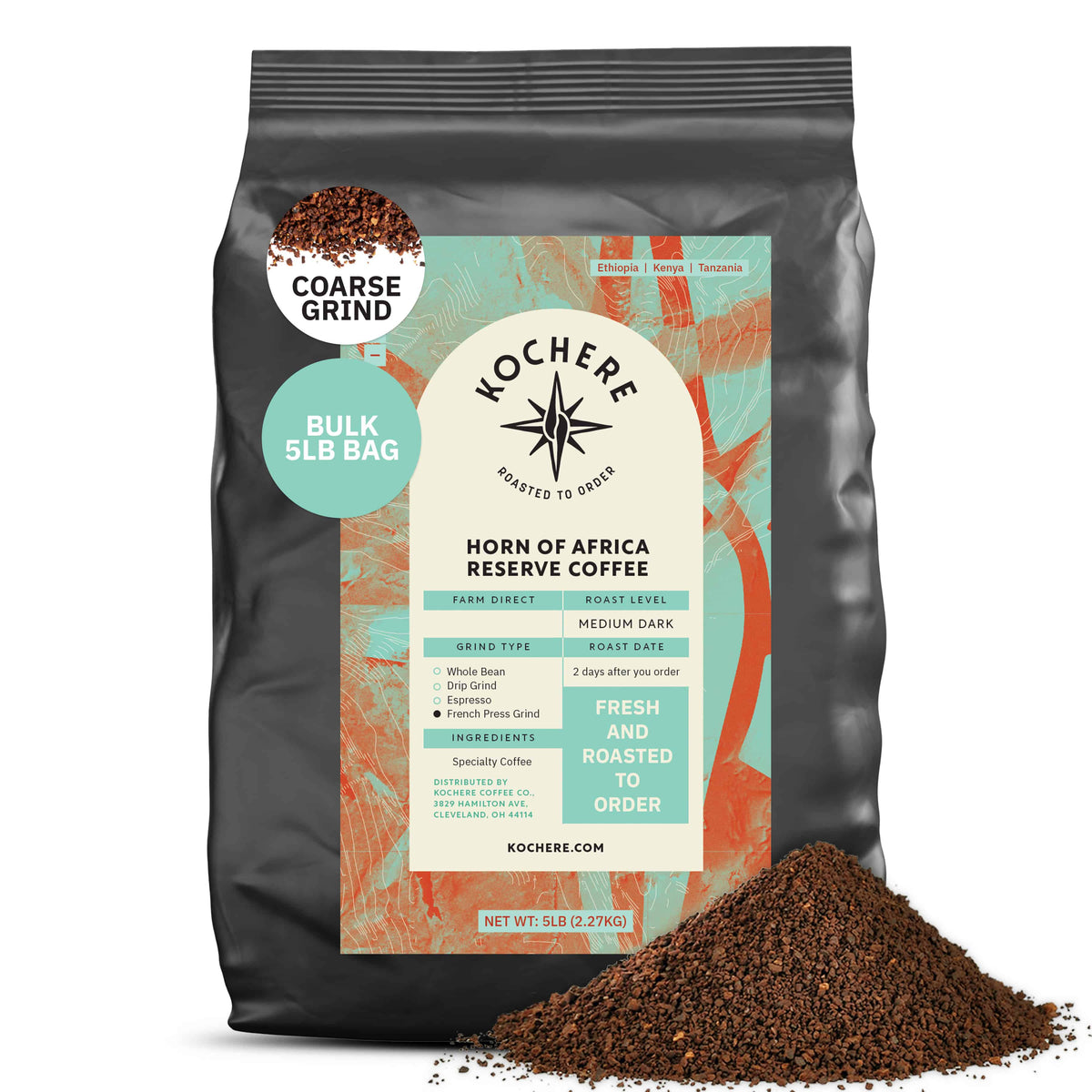 A 5lb bag of Kochere Coffee Horn of Africa Reserve Signature Espresso Blend by Kochere Coffee Company, a medium-dark roast, with coarse grounds spilled in front of the bag.[5lb][coarse grind]