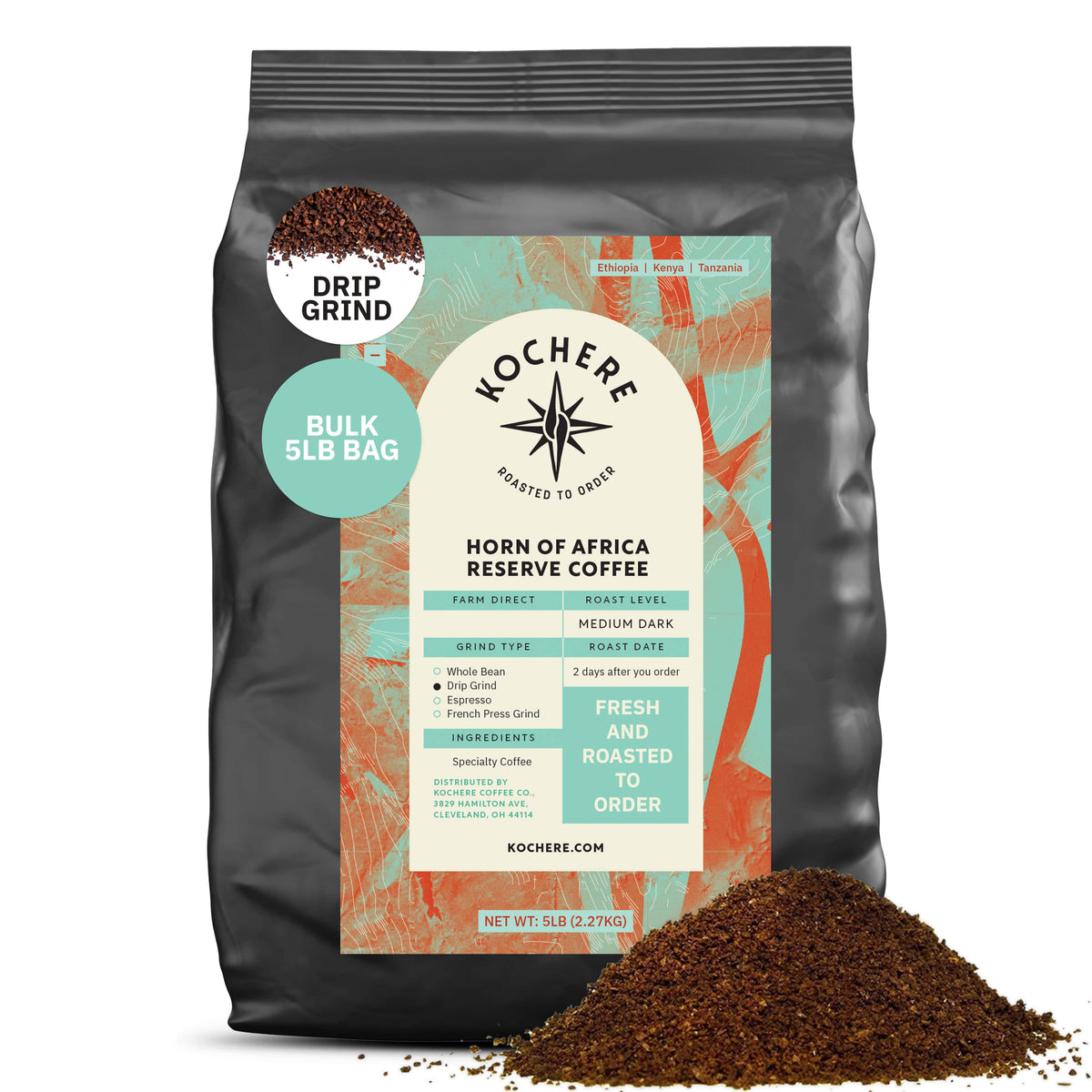A 5lb bag of Kochere Coffee Horn of Africa Reserve Signature Espresso Blend by Kochere Coffee Company, medium-dark roast, drip grind, fresh and roasted to order. Some of the specialty coffee blend is spilled in front.[5lb][drip grind]