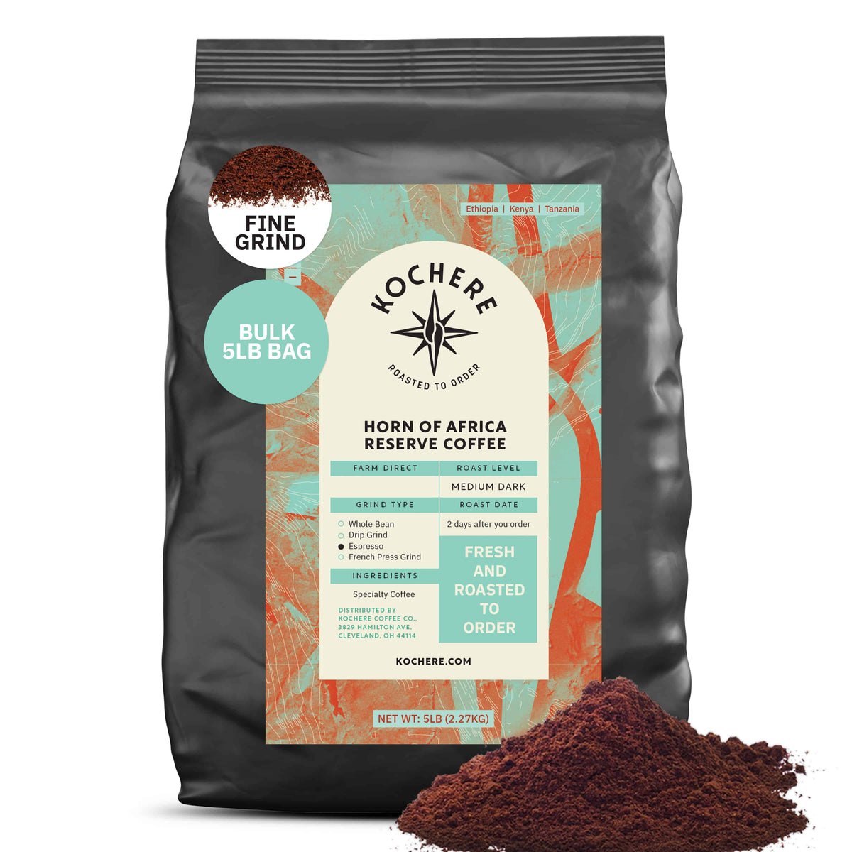 Kochere Coffee Company’s Horn of Africa Reserve Signature Espresso Blend is a medium-dark roast with rich flavors, crafted as a specialty coffee to highlight the region’s unique profile.[5lb][fine grind]