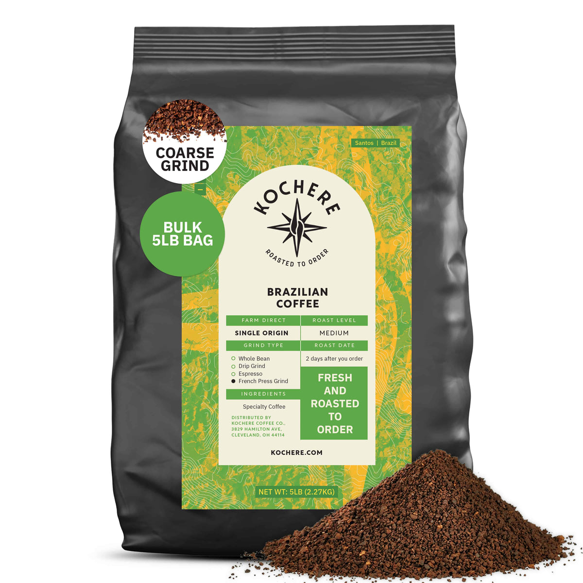 A 5lb bag of Kochere Coffee Company’s Brazilian Santos Medium Roast—smooth, elegant, with cocoa notes—features a green and orange label plus a small pile of low acid, coarse-ground coffee displayed in front.[5lb][coarse grind]