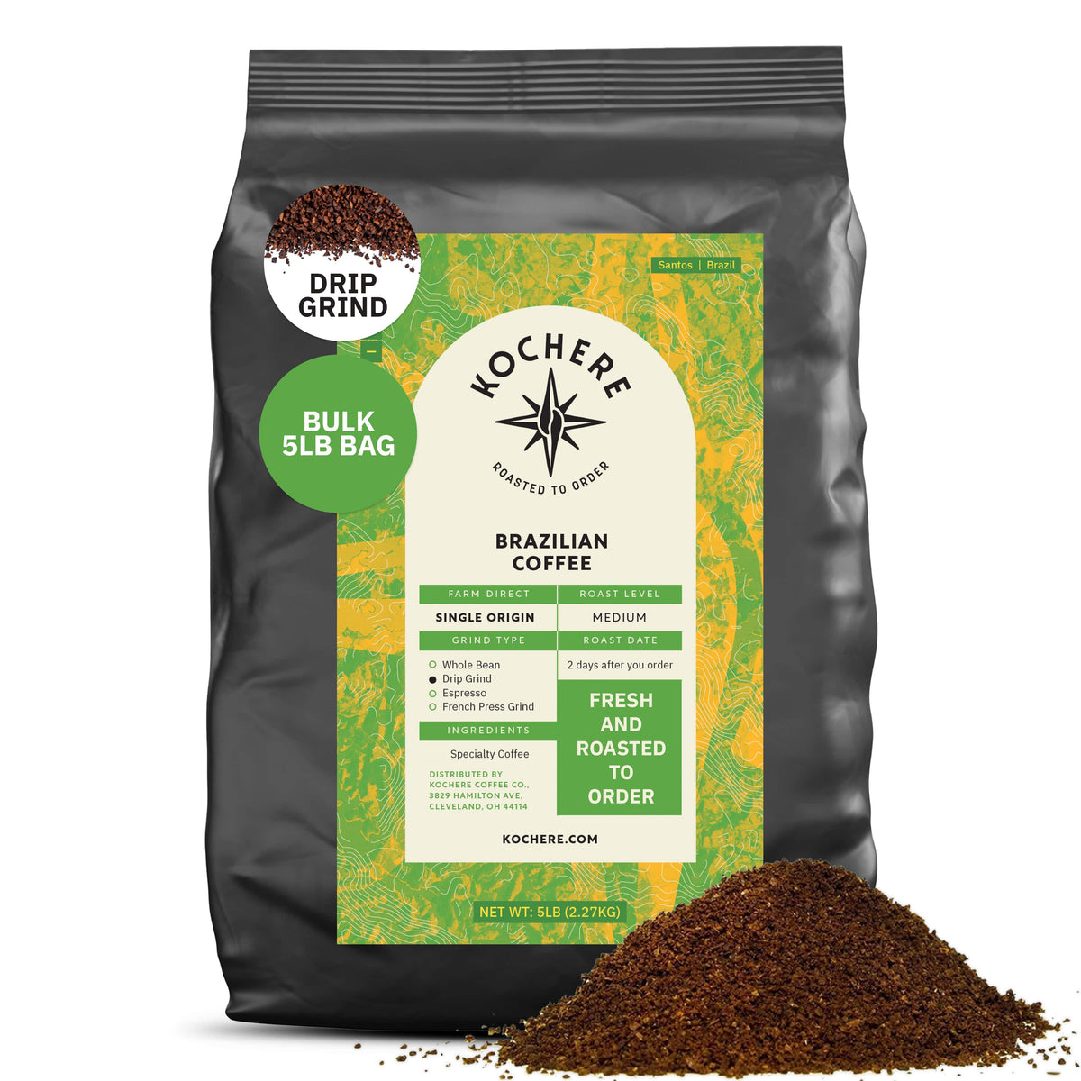 A 5-pound bag of Kochere Coffee Company’s Brazilian Santos Medium Roast—smooth, elegant, with cocoa notes—features fresh, roasted-to-order ground coffee and a pile of premium ground coffee in front.[5lb][drip grind]