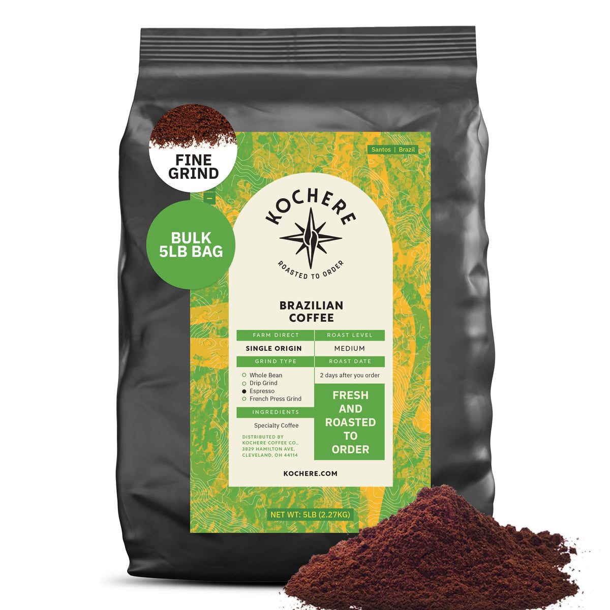 A 5-pound bag of Kochere Coffee Brazilian Santos Medium Roast by Kochere Coffee Company features smooth, elegant coffee with cocoa notes, made from single origin Brazilian Santos beans and fine grind displayed in front.[5lb][fine grind]